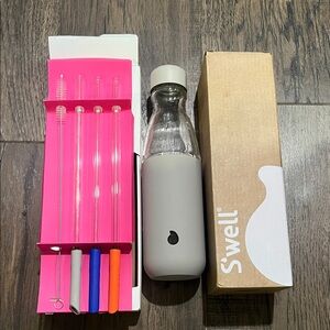 S'well Gray Glass Bottle with Colorful Straw Set